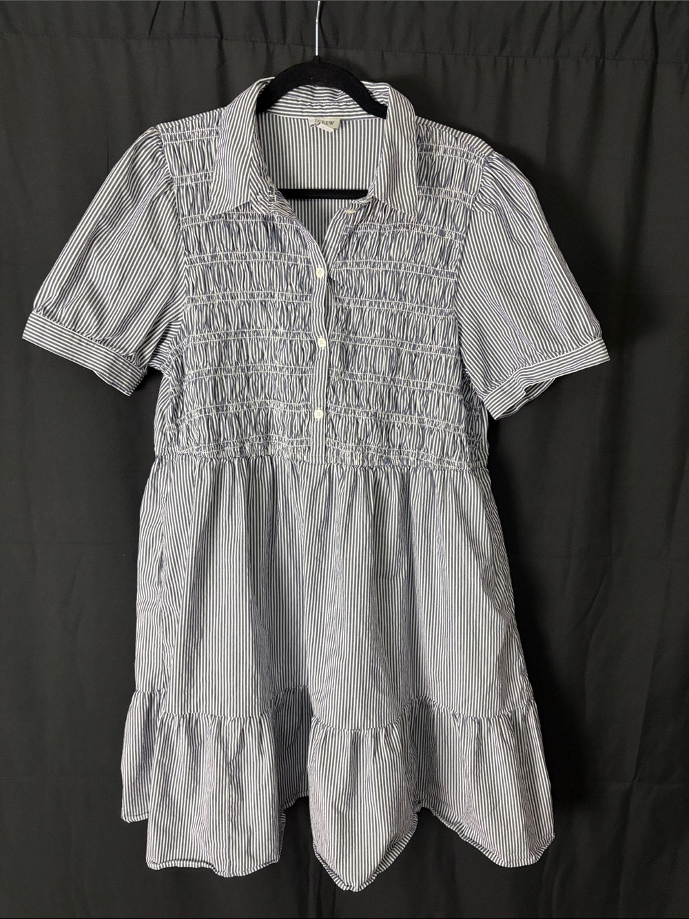 J. Crew Blue and White Striped Smocked Short Sleeve Dress